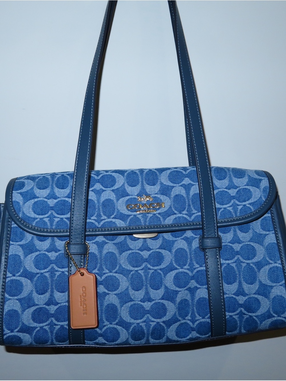 Coach Blue Signature Jacquard Shoulder Bag with Tan Tag